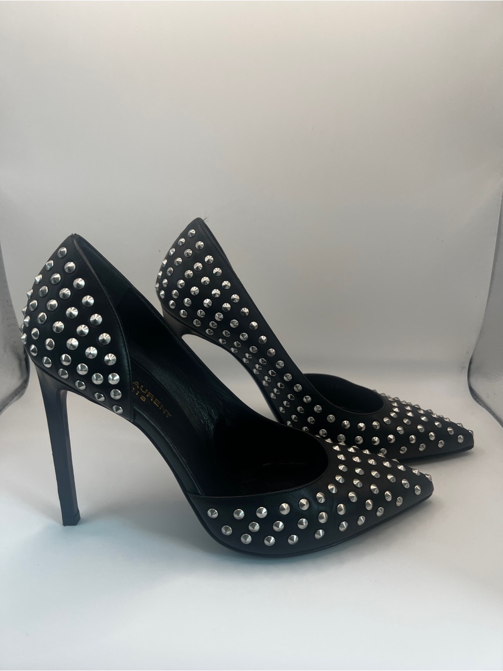 Saint Laurent Paris Black Leather Studded Pointed-Toe Pumps - Picture 2 of 6